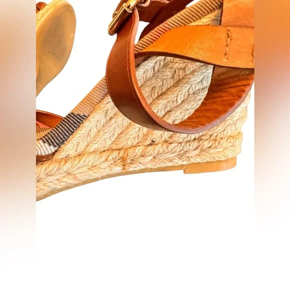 Burberry Tan Leather Check Canvas Espadrille Wedge Sandals Italy Size 35 in GUC - Picture 10 of 14